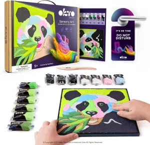Okto Paint by Numbers for Children - Kid's Kit with Air Dry Clay, Unique 2D Wall Art, Sensory Canvas, Panda Themed, Framed Animal Kit for Age 5 