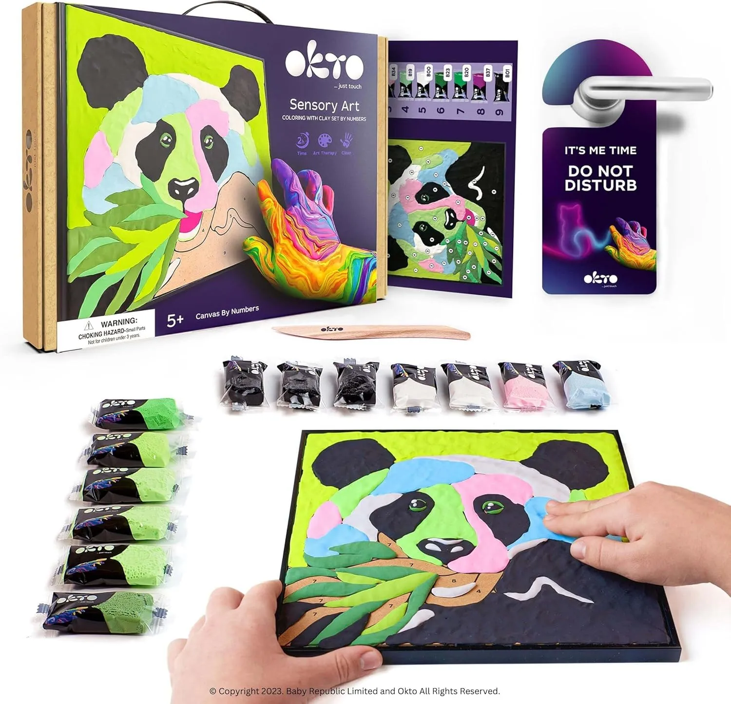 Okto Paint by Numbers for Children - Kid's Kit with Air Dry Clay, Unique 2D Wall Art, Sensory Canvas, Panda Themed, Framed Animal Kit for Age 5 