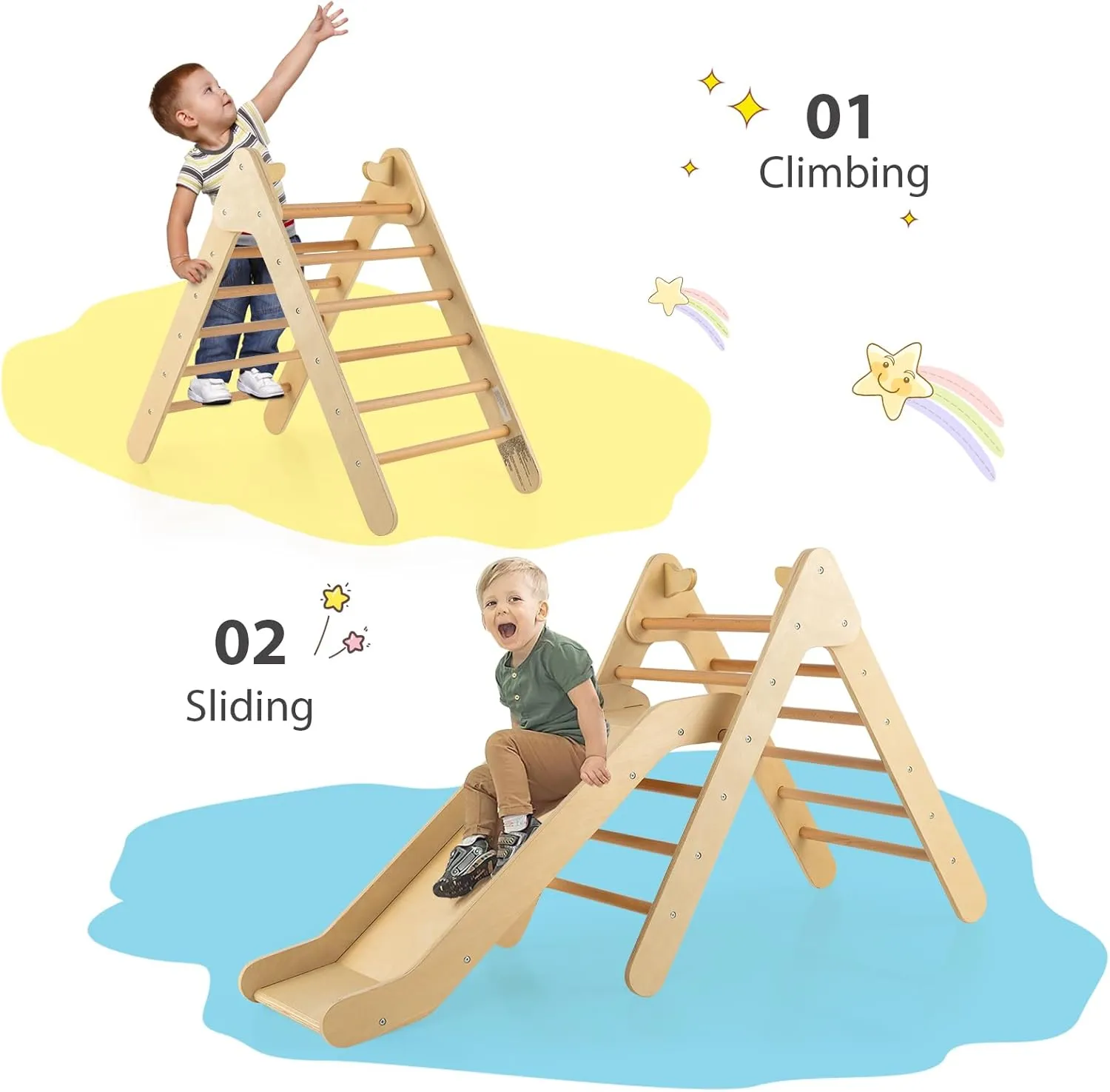 OLAKIDS Pikler Triangle Set 2 in 1 Climbing Toys for Toddlers Foldable Wood Montessori Baby Jungle Gym with Ladder Ramp Slide Kids Indoor Playground Activity Play Structure