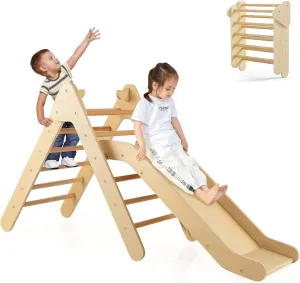 OLAKIDS Pikler Triangle Set 2 in 1 Climbing Toys for Toddlers Foldable Wood Montessori Baby Jungle Gym with Ladder Ramp Slide Kids Indoor Playground Activity Play Structure