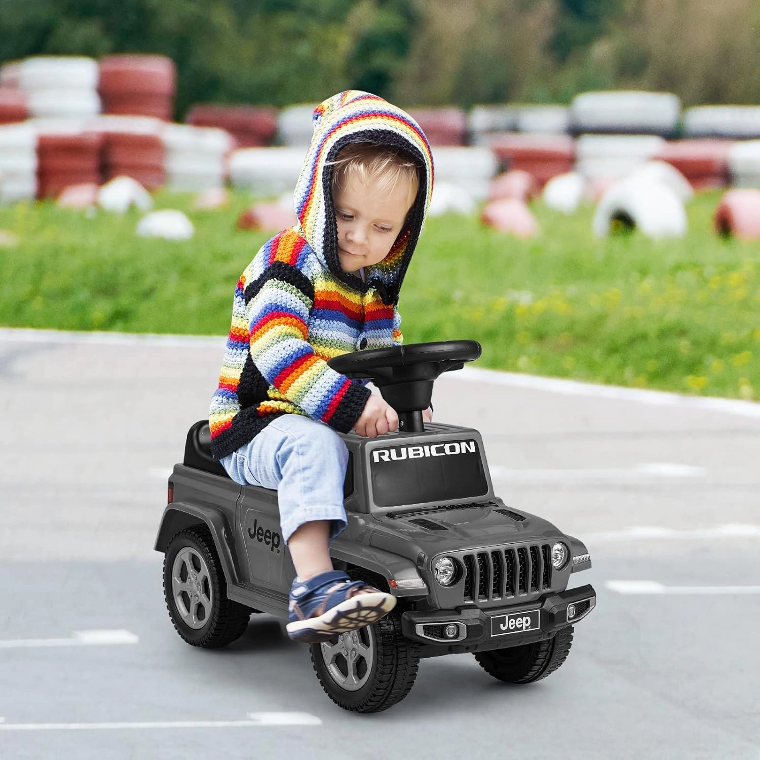 OLAKIDS Ride On Push Car, Licensed Jeep Foot-to-Floor Toddler Sliding Racer with Engine Sound, Horn, Under Seat Storage, Baby Walking Toy Gift for Boys Girls Kids Age 1.5-3 (Gray)