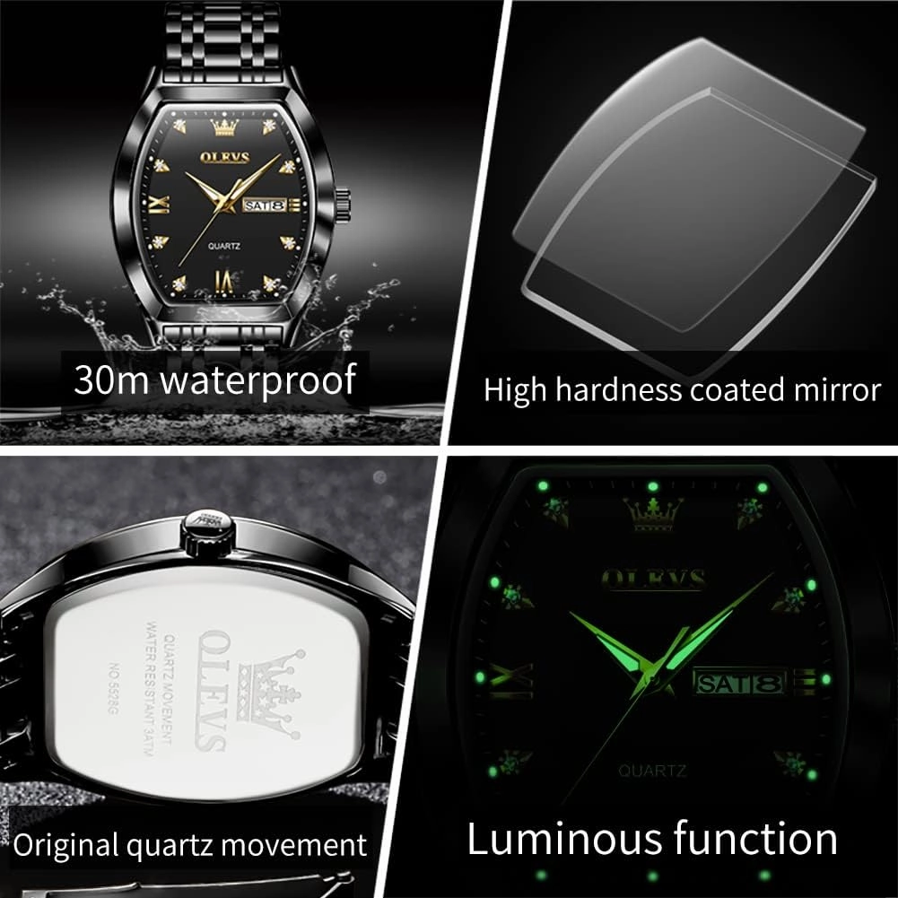 OLEVS Men Watches Square Business Dress Diamond Analog Quartz Date Luxury Watch for Men Casual Stainless Steel Waterproof Luminous Two Tone Wrist Watch