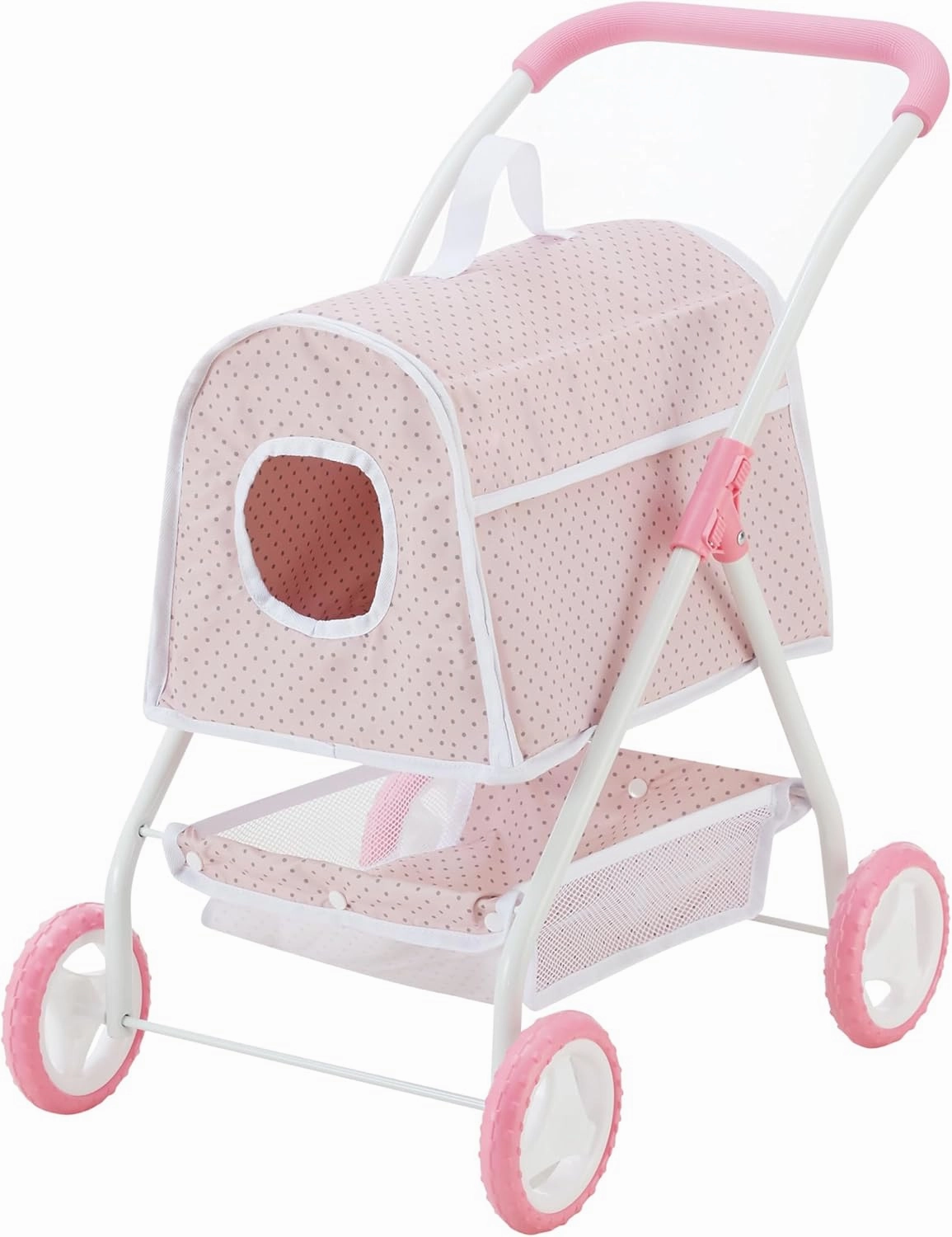 Olivia's Little World Polka Dots Princess Doll Animal Stroller with Detachable Toy Pet Carrier - Pet Doll Pram for 3 yrs and Up - Pink/Gray