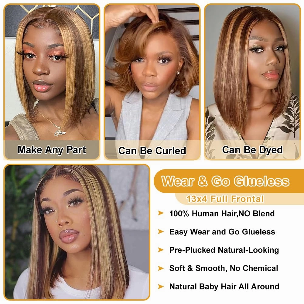 Ombre Bob Wig 4/27 Highlight Honey Blonde Lace Front Bob Wigs Human Hair 180% Density Glueless Wig Human Hair Pre Plucked Pre Cut HD Lace Front Wigs for Black Women 10 inch
