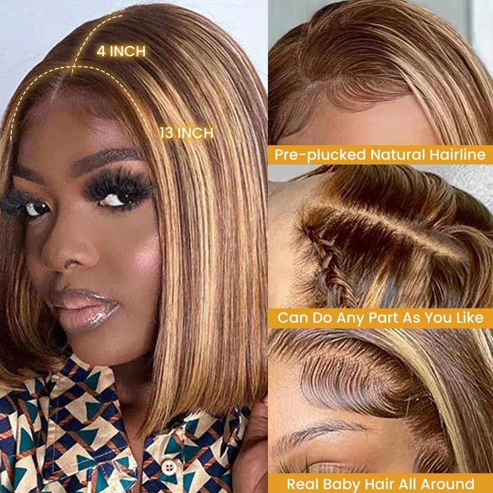 Ombre Bob Wig 4/27 Highlight Honey Blonde Lace Front Bob Wigs Human Hair 180% Density Glueless Wig Human Hair Pre Plucked Pre Cut HD Lace Front Wigs for Black Women 10 inch