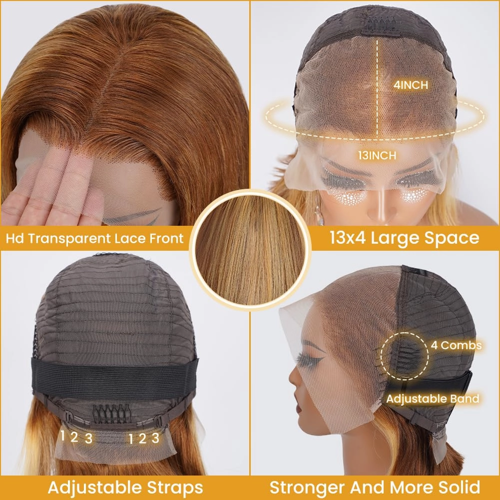 Ombre Bob Wig 4/27 Highlight Honey Blonde Lace Front Bob Wigs Human Hair 180% Density Glueless Wig Human Hair Pre Plucked Pre Cut HD Lace Front Wigs for Black Women 10 inch