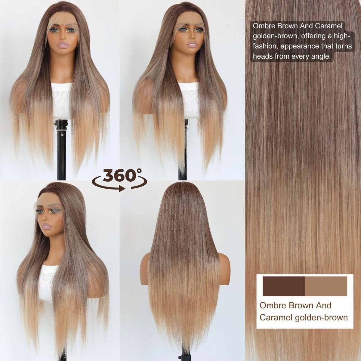 Ombre Brown Synthetic Wig13×4 Lace Front Wigs Ombre Brown Long Straight Wig Glueless Pre Plucked with Baby Hair 150 Density 24 Inches