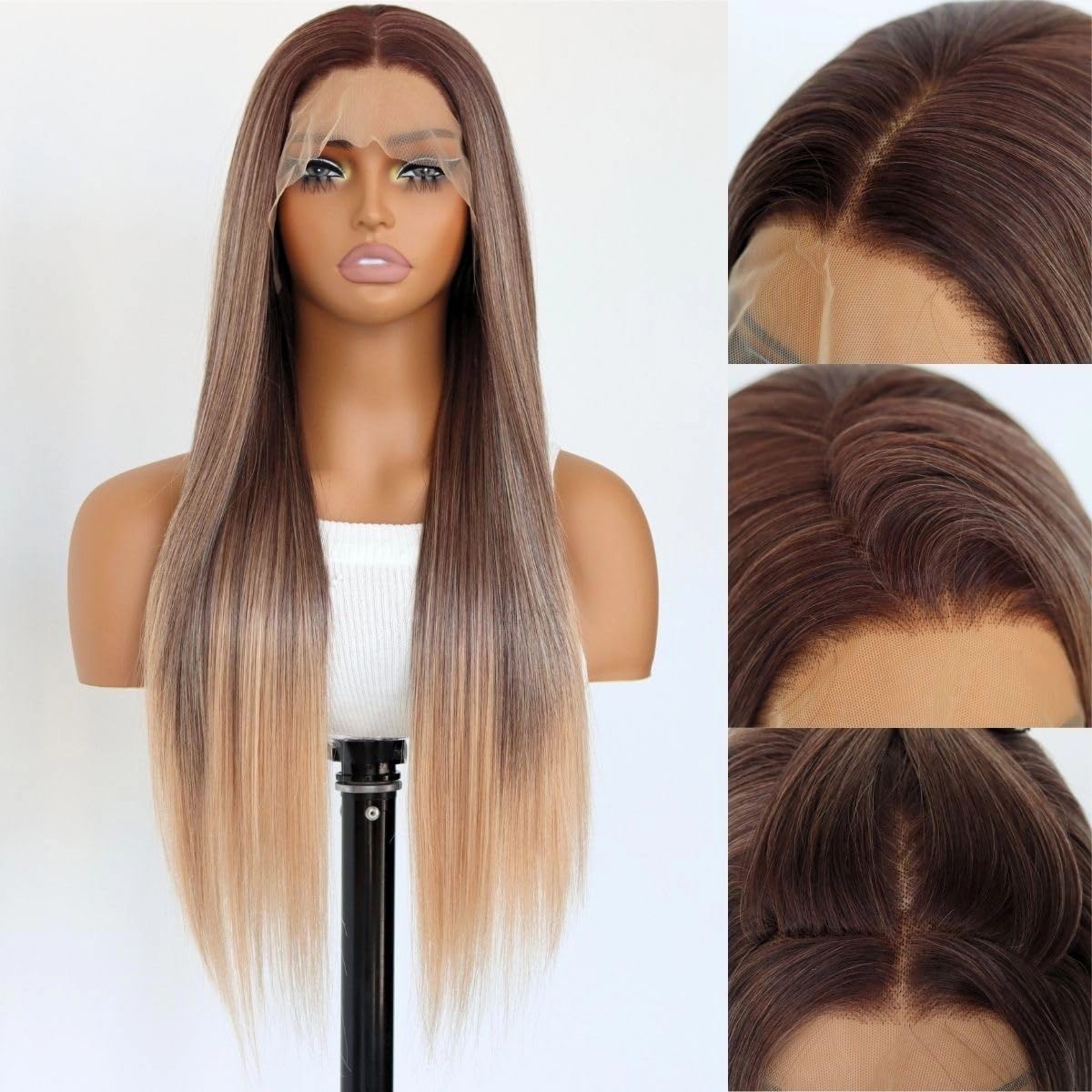 Ombre Brown Synthetic Wig13×4 Lace Front Wigs Ombre Brown Long Straight Wig Glueless Pre Plucked with Baby Hair 150 Density 24 Inches