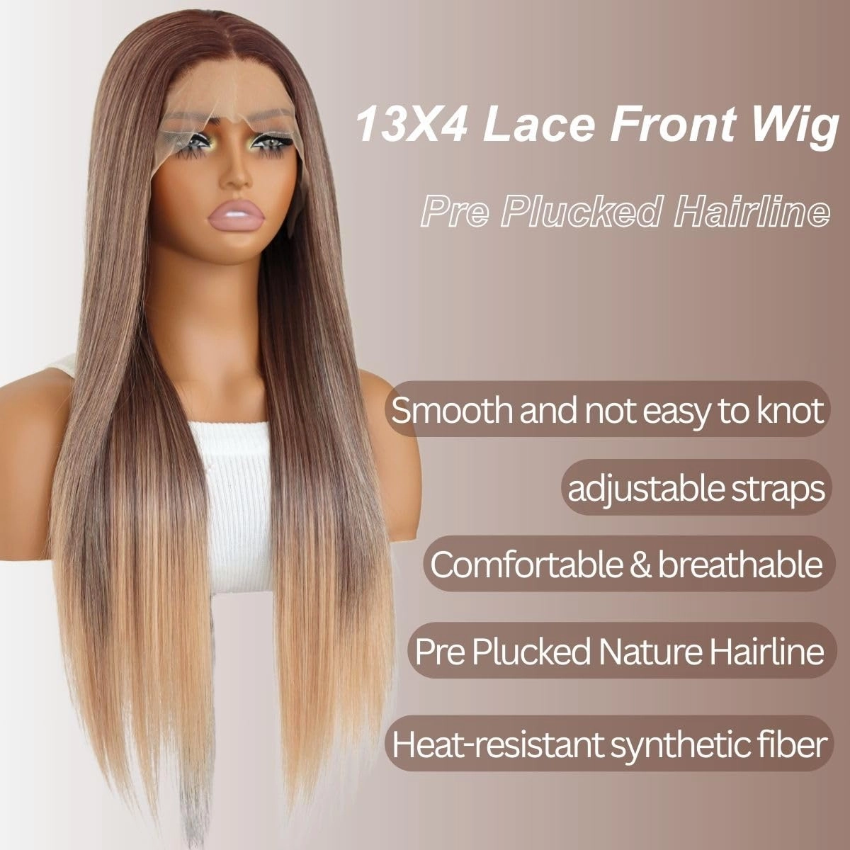 Ombre Brown Synthetic Wig13×4 Lace Front Wigs Ombre Brown Long Straight Wig Glueless Pre Plucked with Baby Hair 150 Density 24 Inches