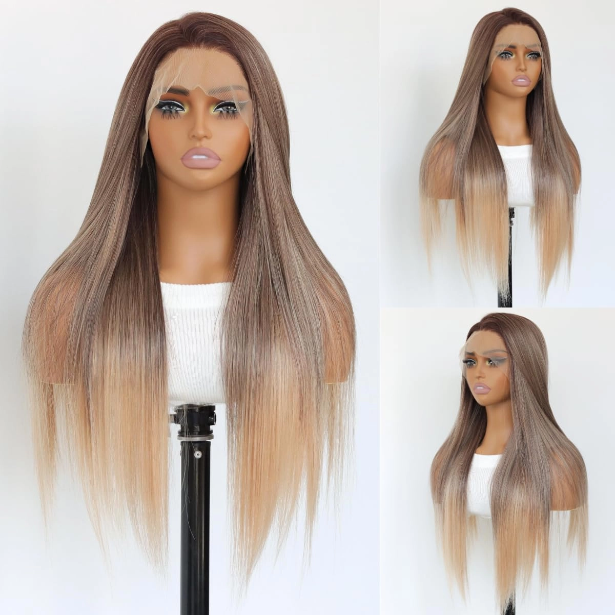 Ombre Brown Synthetic Wig13×4 Lace Front Wigs Ombre Brown Long Straight Wig Glueless Pre Plucked with Baby Hair 150 Density 24 Inches