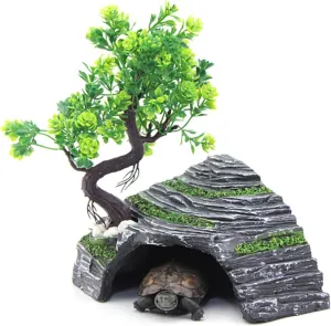 OMEM Reptile Box Shelter Terrarium Hideout Caves Turtle Ramp Basking Platform Habitat Decor Humidify Hide Cave Resin Rock