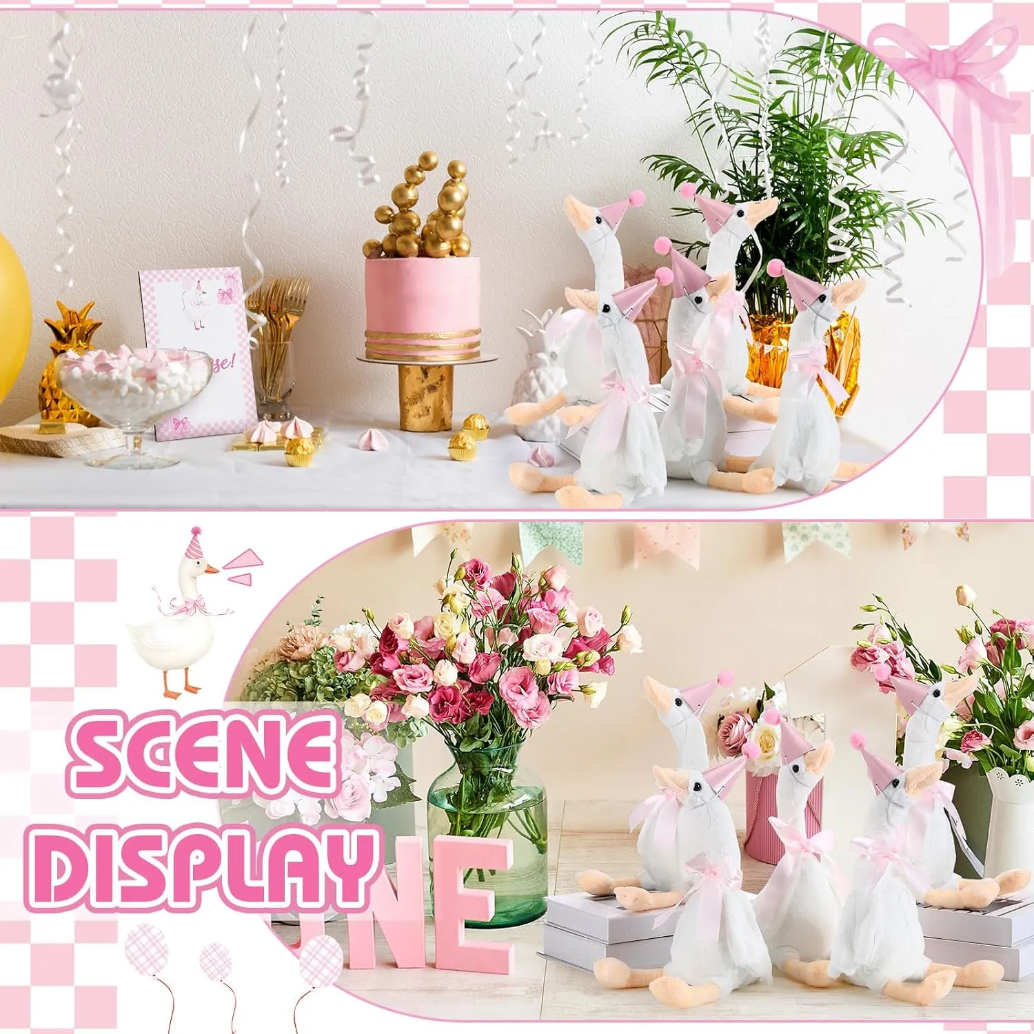 One Silly Goose 1st Birthday Decoration 8 Sets 15.7 Inch Soft Goose Stuffed Animal Birthday Hat with Wood Table Decor (Pink,Classic)