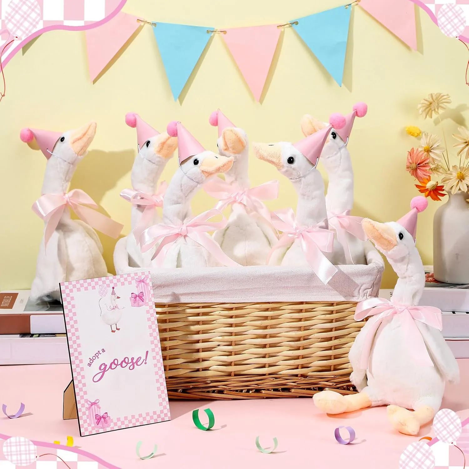 One Silly Goose 1st Birthday Decoration 8 Sets 15.7 Inch Soft Goose Stuffed Animal Birthday Hat with Wood Table Decor (Pink,Classic)