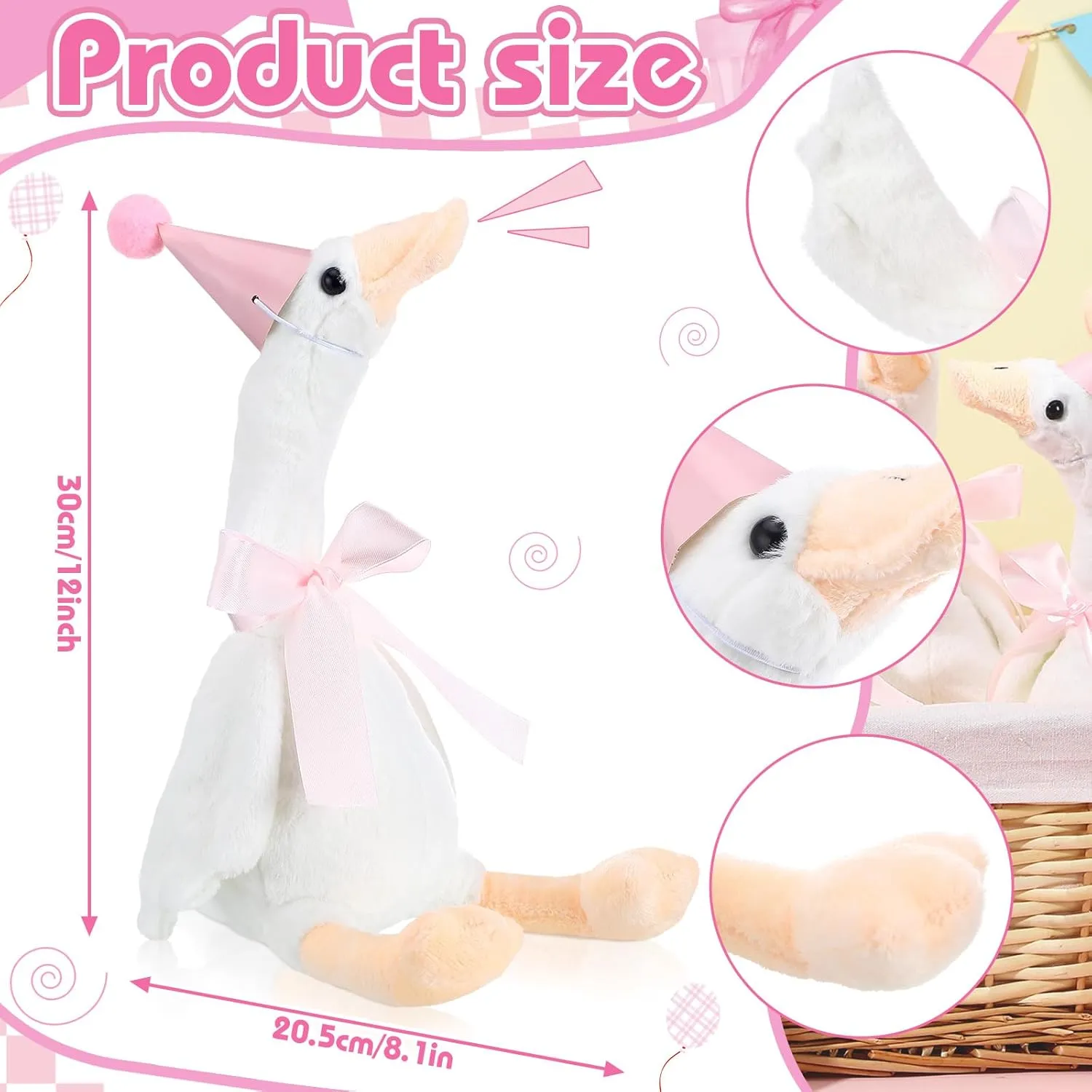 One Silly Goose 1st Birthday Decoration 8 Sets 15.7 Inch Soft Goose Stuffed Animal Birthday Hat with Wood Table Decor (Pink,Classic)