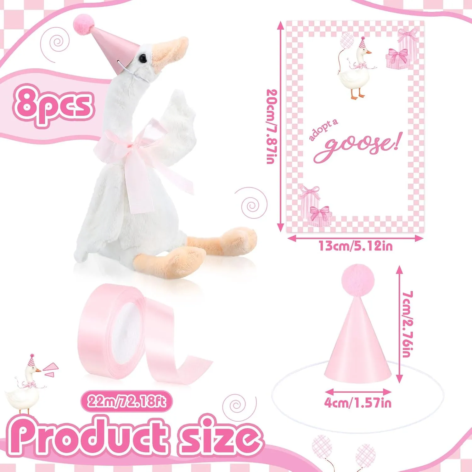 One Silly Goose 1st Birthday Decoration 8 Sets 15.7 Inch Soft Goose Stuffed Animal Birthday Hat with Wood Table Decor (Pink,Classic)