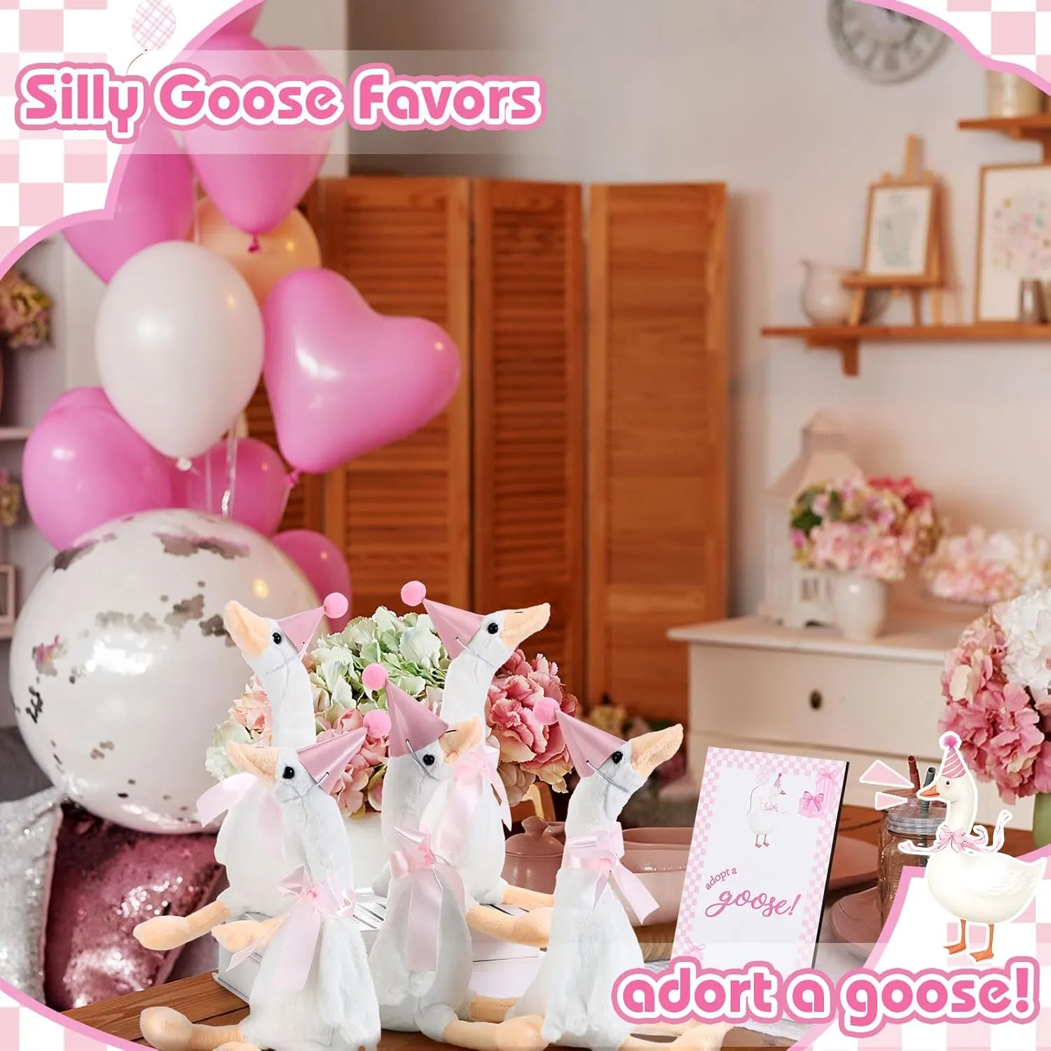 One Silly Goose 1st Birthday Decoration 8 Sets 15.7 Inch Soft Goose Stuffed Animal Birthday Hat with Wood Table Decor (Pink,Classic)