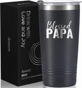 Onebttl Papa Gifts - Grandpa Gifts for Father's Day, Laser Engraved 20oz/590ml Stainless Steel Tumbler with Straw & Lid - Black Blessed PAPA