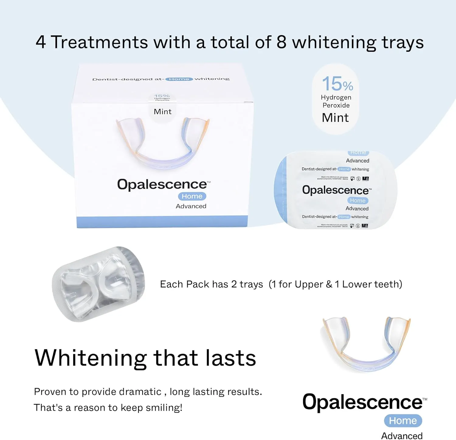Opalescence Home Advance Gel Prefilled Teeth Whitening Trays 15% – (4 Treatments) Hydrogen Peroxide PF - Teeth Whitening Kit – Enhanced Opalescence GO Trays 6006-T