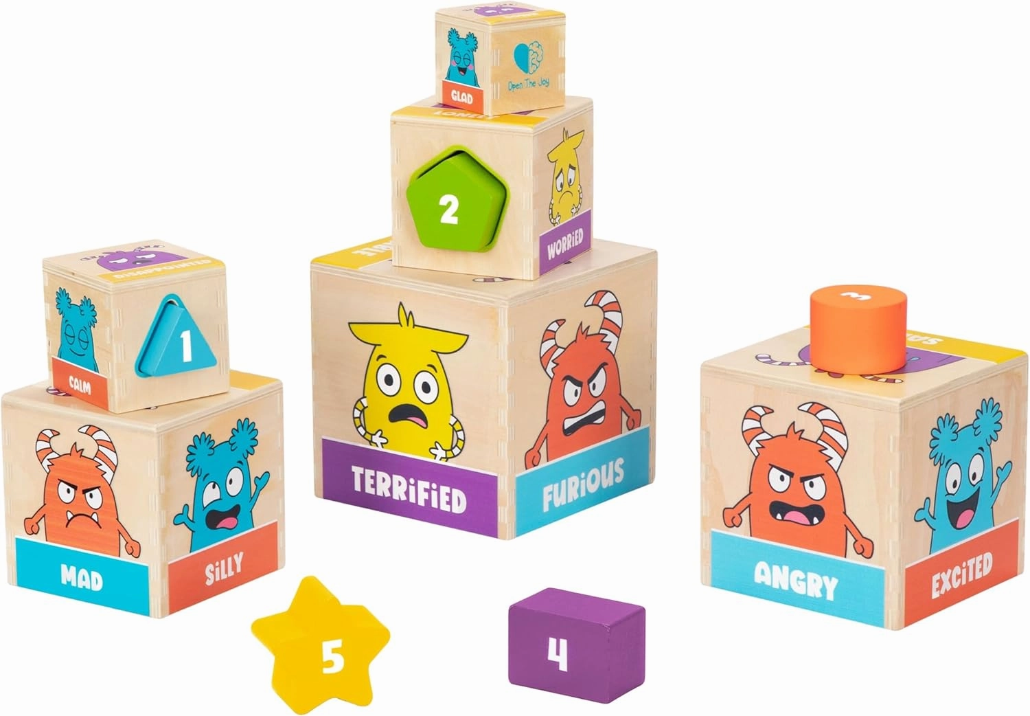Open The Joy Wooden Tower of Emotions – Stacking Emotional Learning Toy for Toddlers | 5 Emotion Face Blocks   5 Shape Sorting Blocks | Montessori Toy for Early Development | Ages 12 Months 