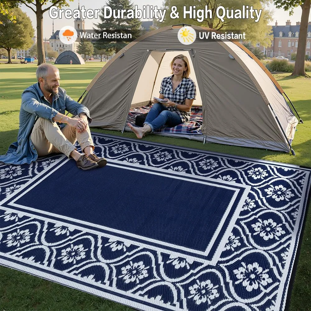 Outdoor Patio Rug 5'x8' Waterproof Outside Area Rugs Blue Reversible Plastic Straw Carpet for RV Deck Camping Entryance Porch Picnic Balcony Beach