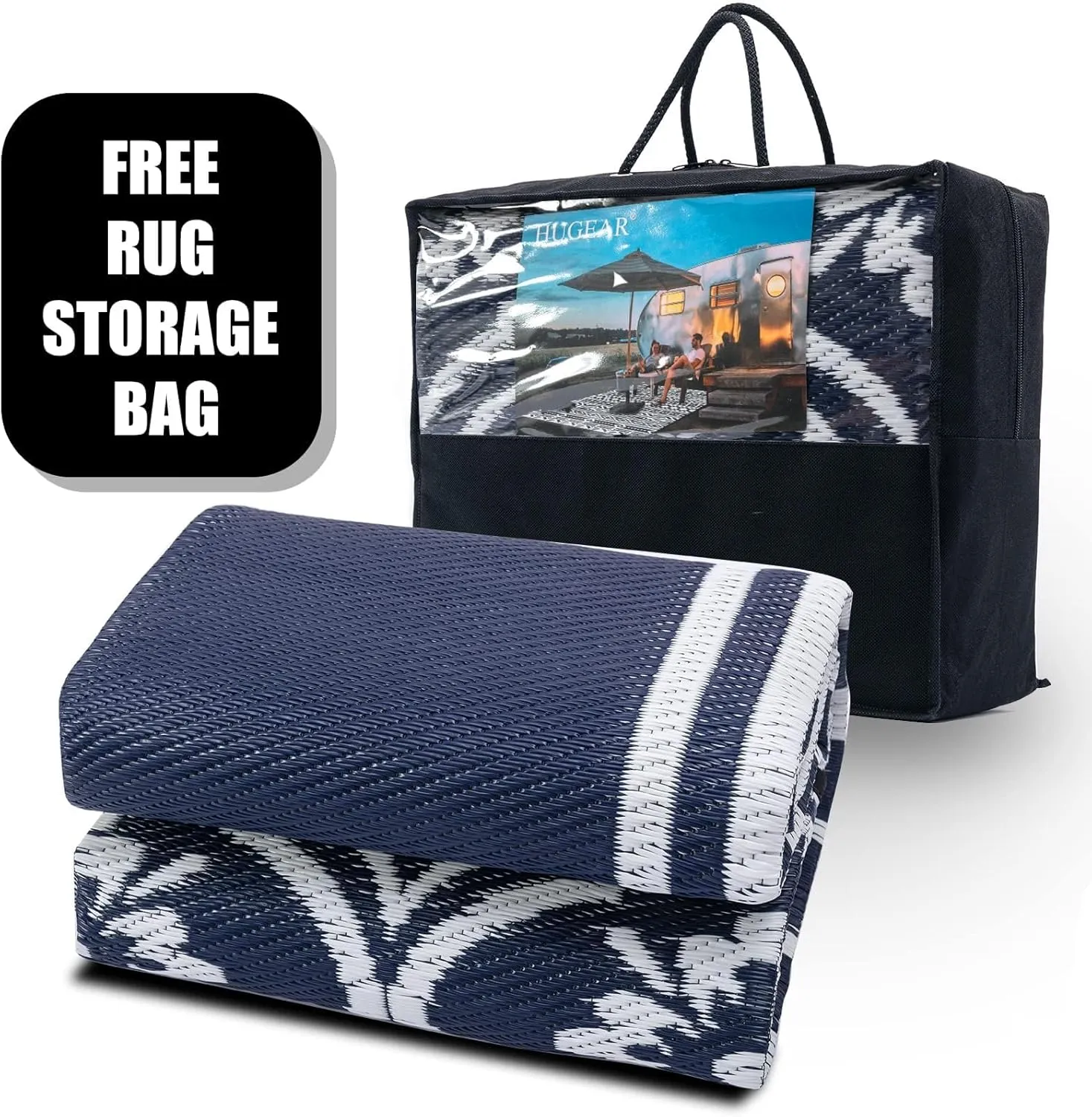Outdoor Patio Rug 5'x8' Waterproof Outside Area Rugs Blue Reversible Plastic Straw Carpet for RV Deck Camping Entryance Porch Picnic Balcony Beach