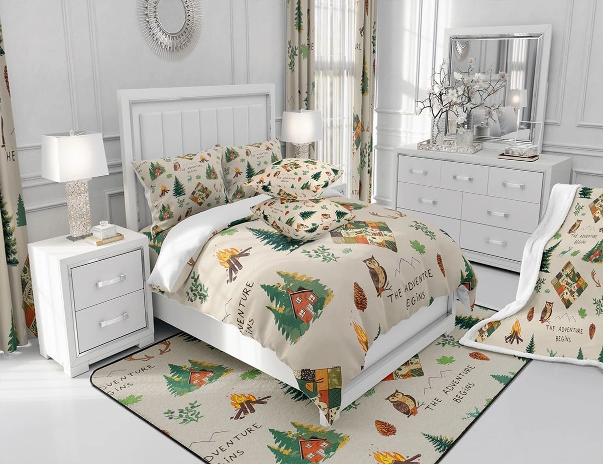 Outdoor Adventure Bedding Set Twin Size Wild Owl Animals Plants Comforter Set Camping Cabin and Campfire Quilt Set 2pcs for Kids Youth Women Men Room Decor Cartoon Duvet Insert,1 Pillowcase