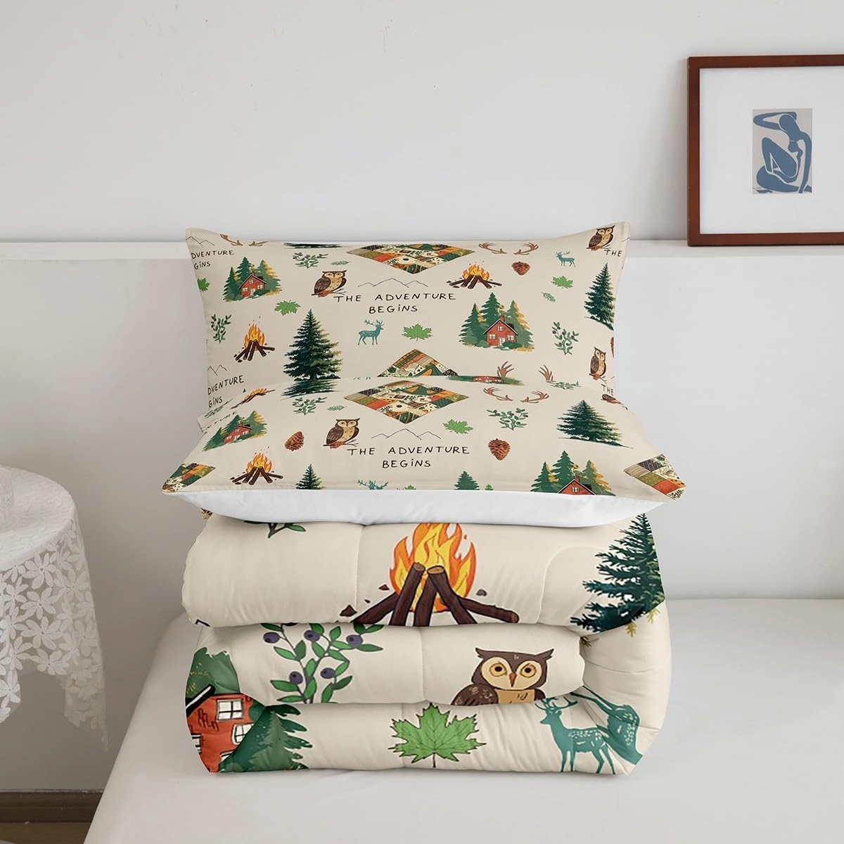 Outdoor Adventure Bedding Set Twin Size Wild Owl Animals Plants Comforter Set Camping Cabin and Campfire Quilt Set 2pcs for Kids Youth Women Men Room Decor Cartoon Duvet Insert,1 Pillowcase
