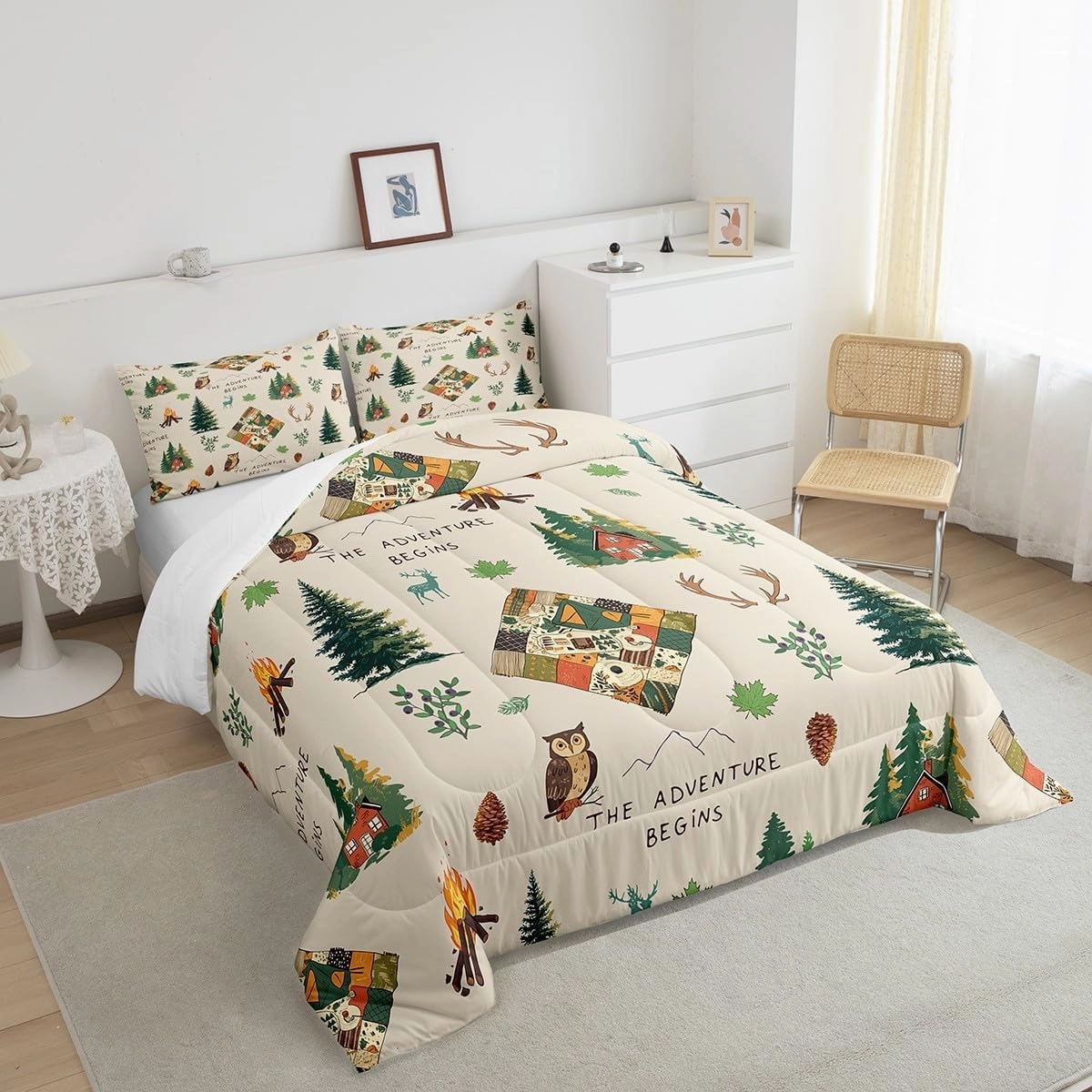 Outdoor Adventure Bedding Set Twin Size Wild Owl Animals Plants Comforter Set Camping Cabin and Campfire Quilt Set 2pcs for Kids Youth Women Men Room Decor Cartoon Duvet Insert,1 Pillowcase
