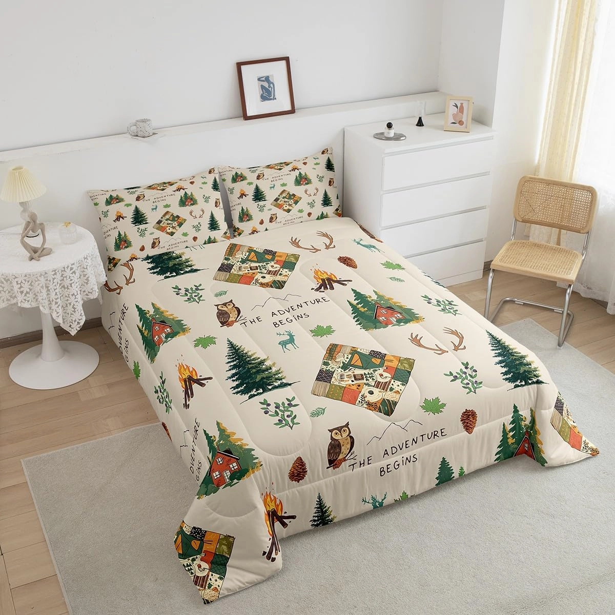 Outdoor Adventure Bedding Set Twin Size Wild Owl Animals Plants Comforter Set Camping Cabin and Campfire Quilt Set 2pcs for Kids Youth Women Men Room Decor Cartoon Duvet Insert,1 Pillowcase