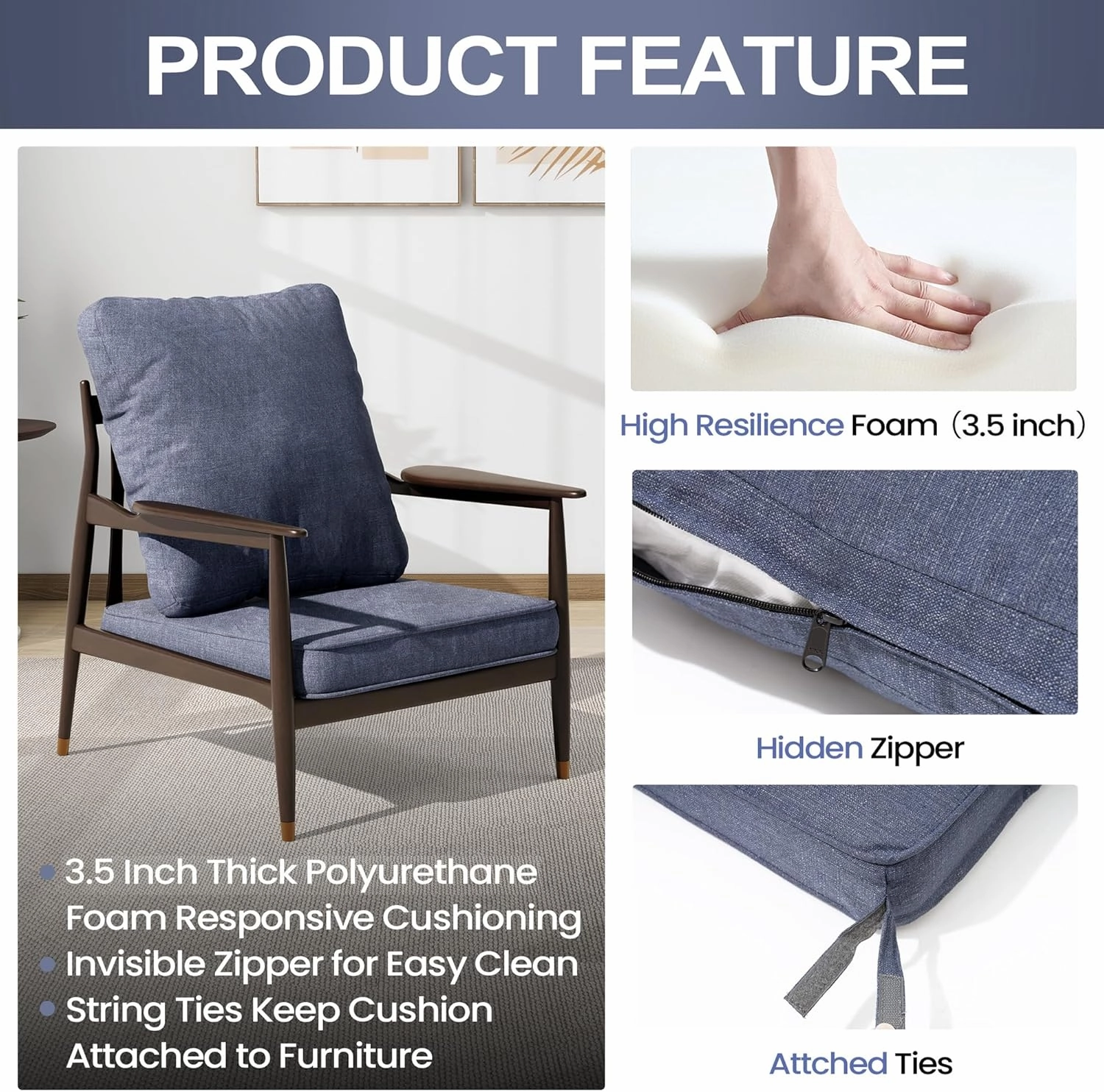 Outdoor Chair Cushions Water Resistant Patio Furniture Cushions 2-Year Fade Resistant Deep Seat Cushions, Replacement Cushions for Outdoor Furniture (22 x 22 Inch, Denim Blue)