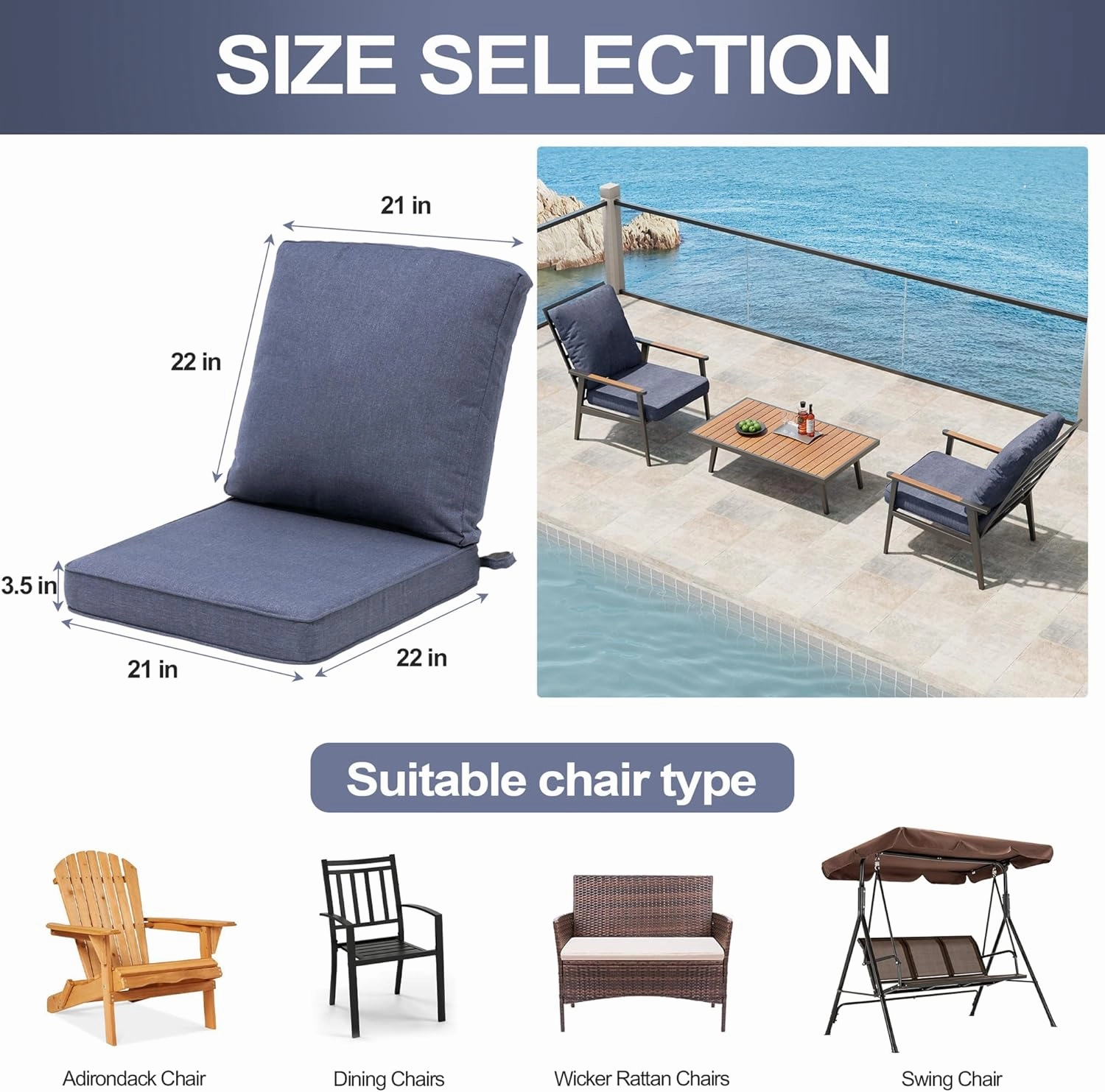 Outdoor Chair Cushions Water Resistant Patio Furniture Cushions 2-Year Fade Resistant Deep Seat Cushions, Replacement Cushions for Outdoor Furniture (22 x 22 Inch, Denim Blue)