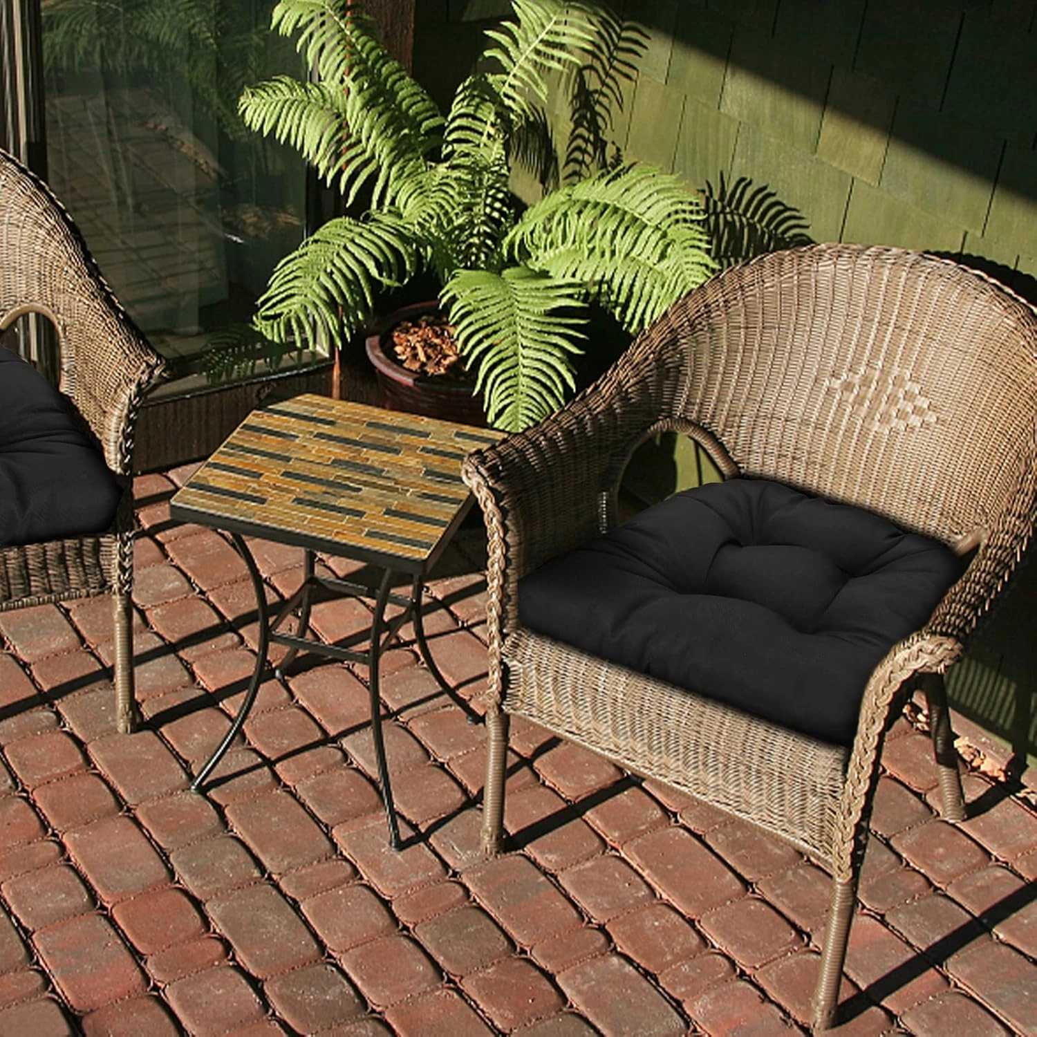 Outdoor Tufted Wicker Cushions Seat Cushions for Patio Furniture Set of 2 , 19x19 Outdoor Chair Cushions Weather Resistant- Overstuffed Patio Furniture Cushions with Ties for Wicker Chair (Black)