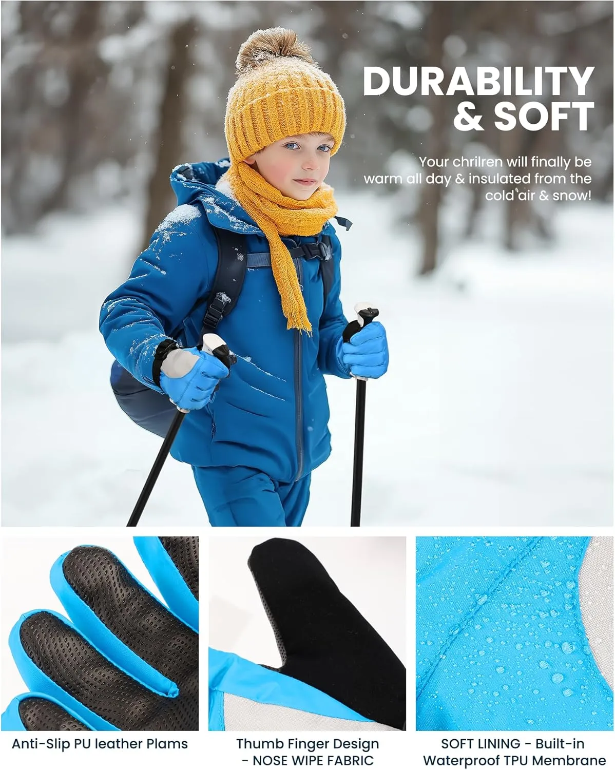 OutdoorMaster Kids Ski Snow Gloves, 3M Thinsulate Winter Windproof Waterproof Thermal Gloves for Boys & Girls, Fits Youth Winter Sports, Skiing, Snowboard