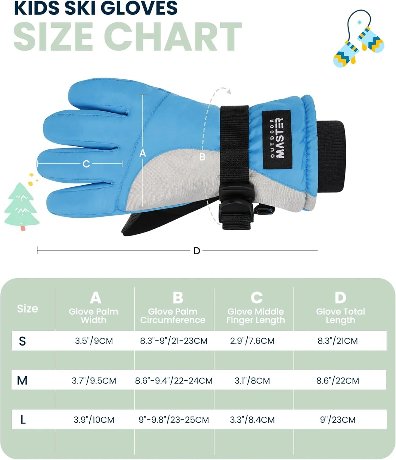 OutdoorMaster Kids Ski Snow Gloves, 3M Thinsulate Winter Windproof Waterproof Thermal Gloves for Boys & Girls, Fits Youth Winter Sports, Skiing, Snowboard