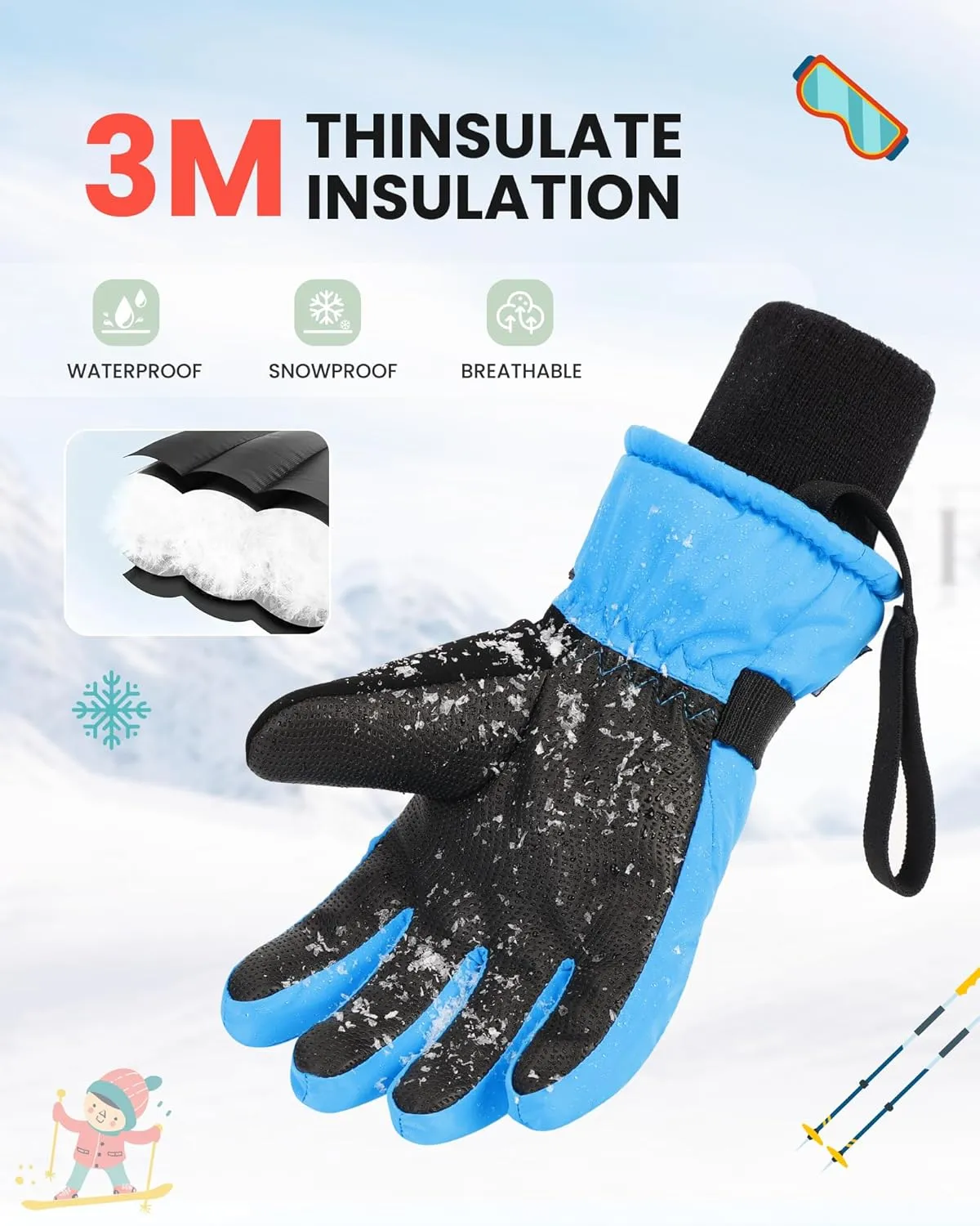 OutdoorMaster Kids Ski Snow Gloves, 3M Thinsulate Winter Windproof Waterproof Thermal Gloves for Boys & Girls, Fits Youth Winter Sports, Skiing, Snowboard