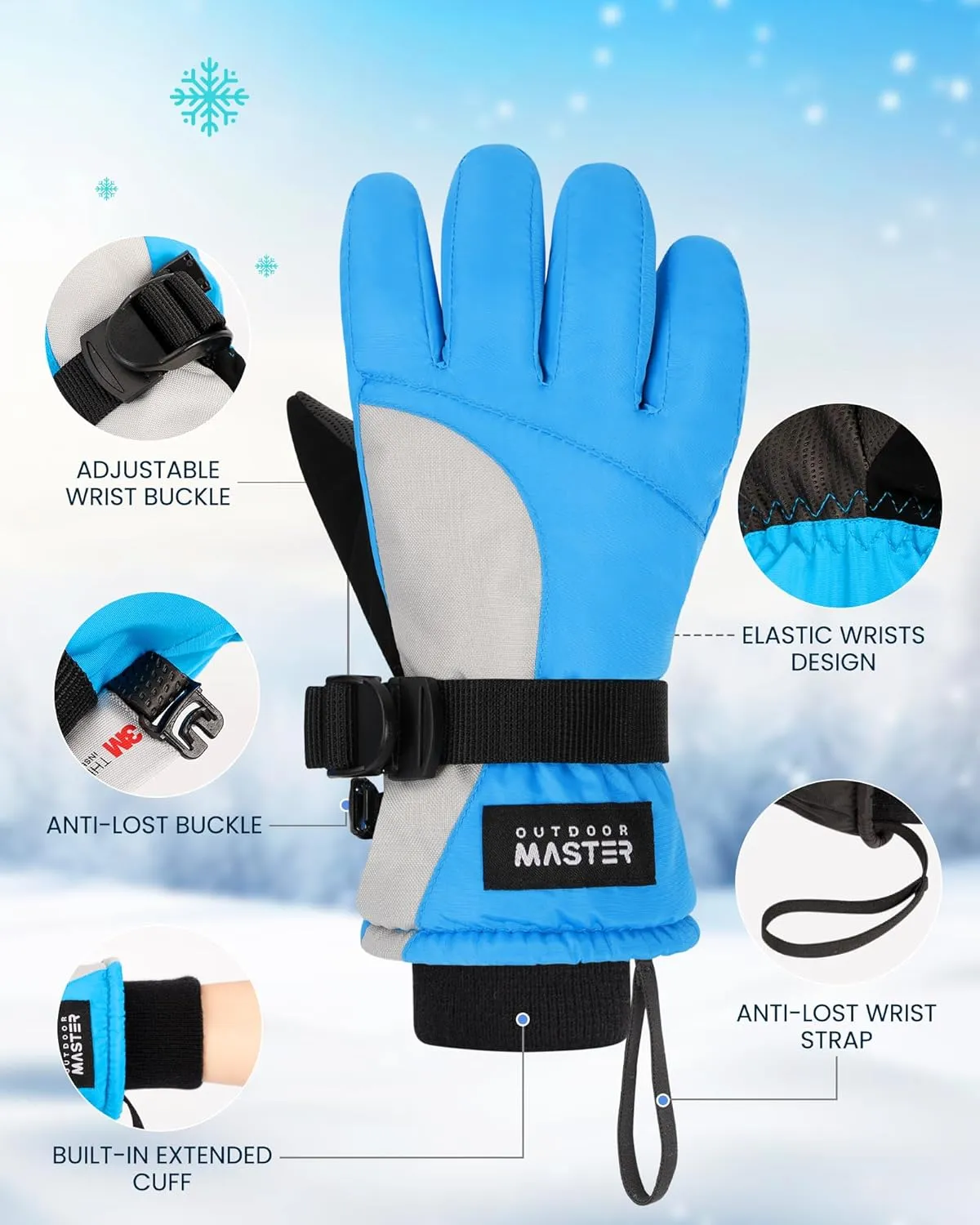 OutdoorMaster Kids Ski Snow Gloves, 3M Thinsulate Winter Windproof Waterproof Thermal Gloves for Boys & Girls, Fits Youth Winter Sports, Skiing, Snowboard