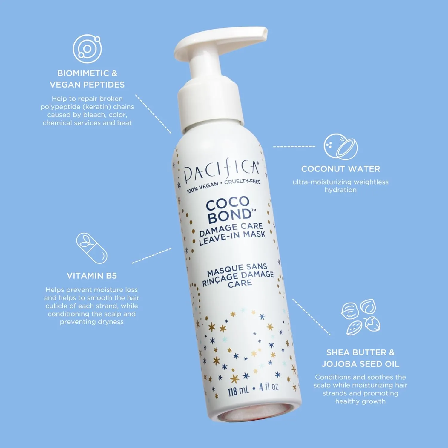 PACIFICA Beauty, Coco Bond Damage Care Leave-In Repair Mask Treatment, Dry & Damaged Hair from Bleach, Color, Chemical Services, Chlorine, & Heat, Coconut, Vegan