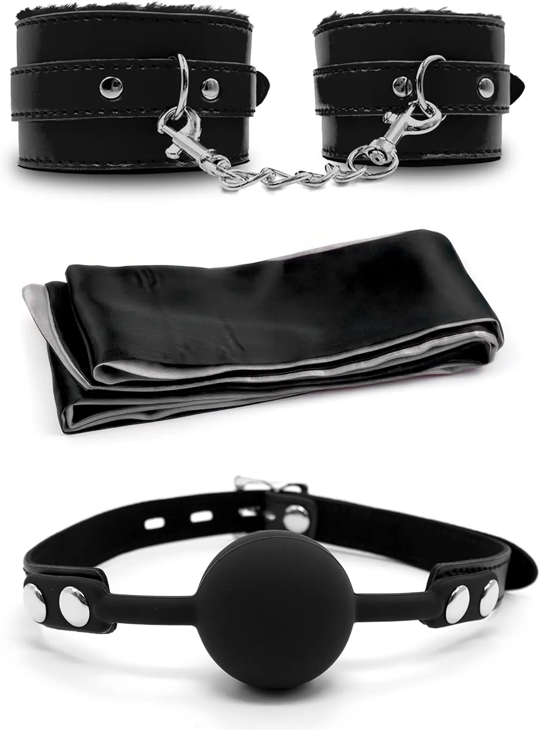Padded Handcuffs for Grownups with Chain - Black Satin Eye Mask 59" for Women - Silicone Mouth Ball Plug