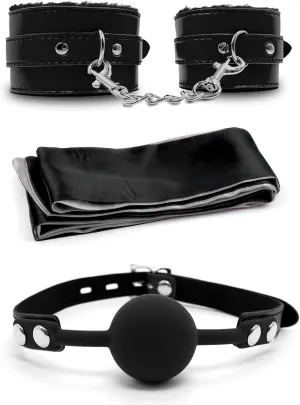 Padded Handcuffs for Grownups with Chain - Black Satin Eye Mask 59" for Women - Silicone Mouth Ball Plug