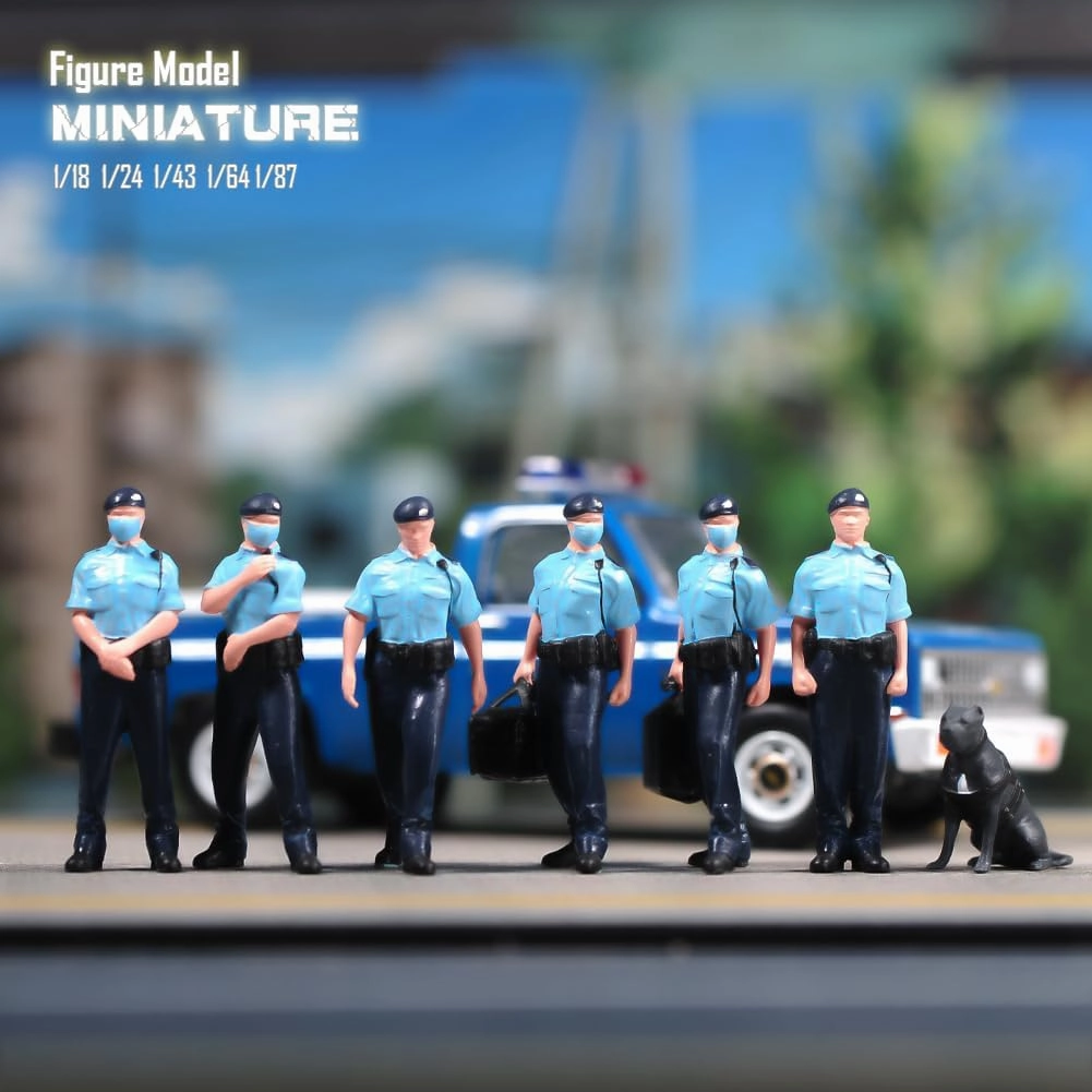 Painted Miniatures 1/18 1/24 1/64 1/43 1/87 Scale 6PCS Policeman Dog Scene Diorama Action Figure Tiny People Doll Unpainted Model for Car Vehicles (Painted, 1/43 Scale)
