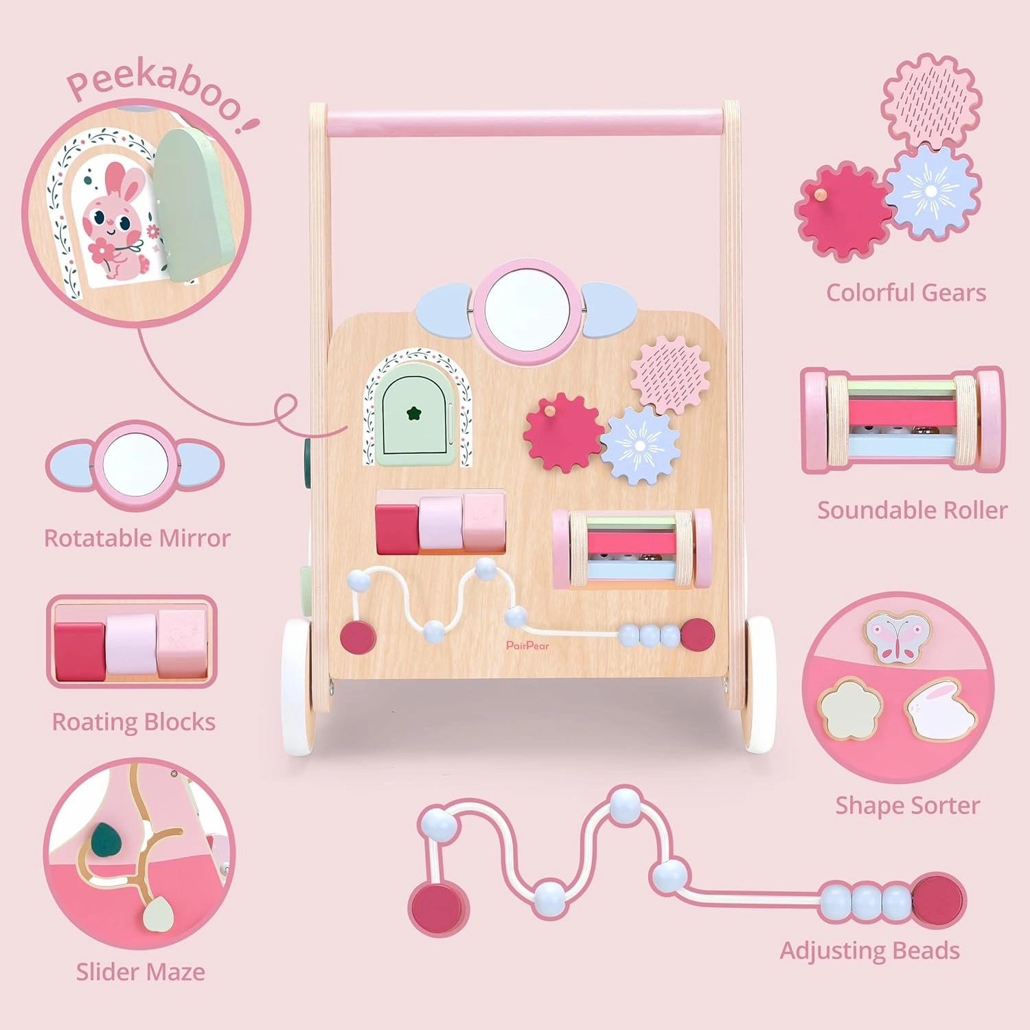 PairPear Wooden Baby Walker Push and Pull Learning Activity Walker, Montessori Push Walker Toys Wooden Activity Center Toys for Boys and Girls 12m  （Pink Rabbit）