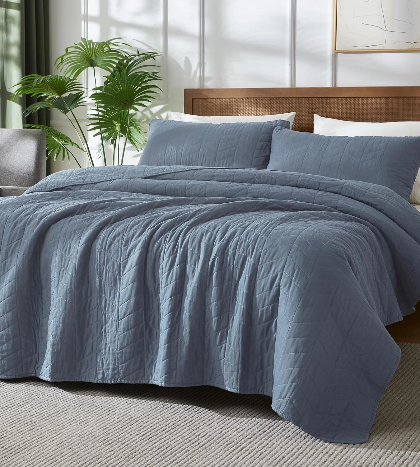 palassio Blue Cotton Quilt Queen Size Bedding Sets with Pillow Shams, Lightweight Soft Bedspread Coverlet, Quilted Comforter Bed Cover for All Season, 3 Pieces