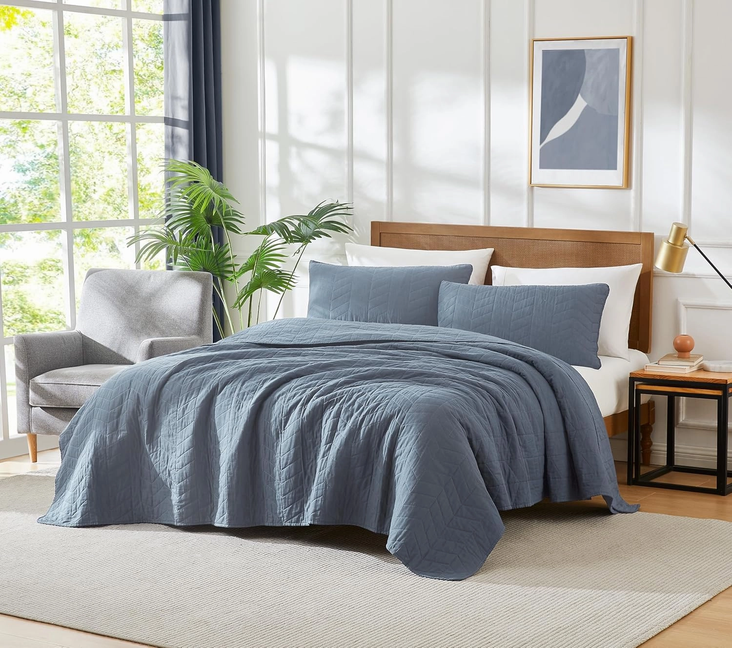 palassio Blue Cotton Quilt Queen Size Bedding Sets with Pillow Shams, Lightweight Soft Bedspread Coverlet, Quilted Comforter Bed Cover for All Season, 3 Pieces