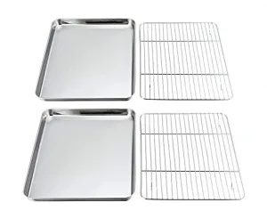 P&P CHEF Baking Sheets and Rack Set, Pack of 4 (2 Sheets   2 Racks), Stainless Steel Baking Pans Cookie Tray with Cooling Rack, Rectangle 16''x12''x1'', Non Toxic & Healthy, Mirror Polish & Easy Clean
