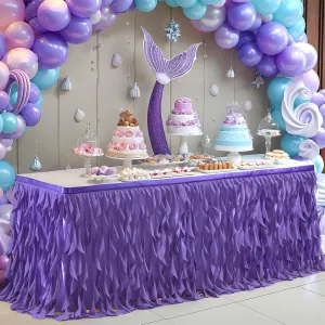 PARTISKY Mermaid Purple Tulle Curly Willow Table Skirt for Rectangle Table 9ft, Ruffle Tutu Table Cloth for Girls Boys Baby Shower,Mermaid Birthday Party