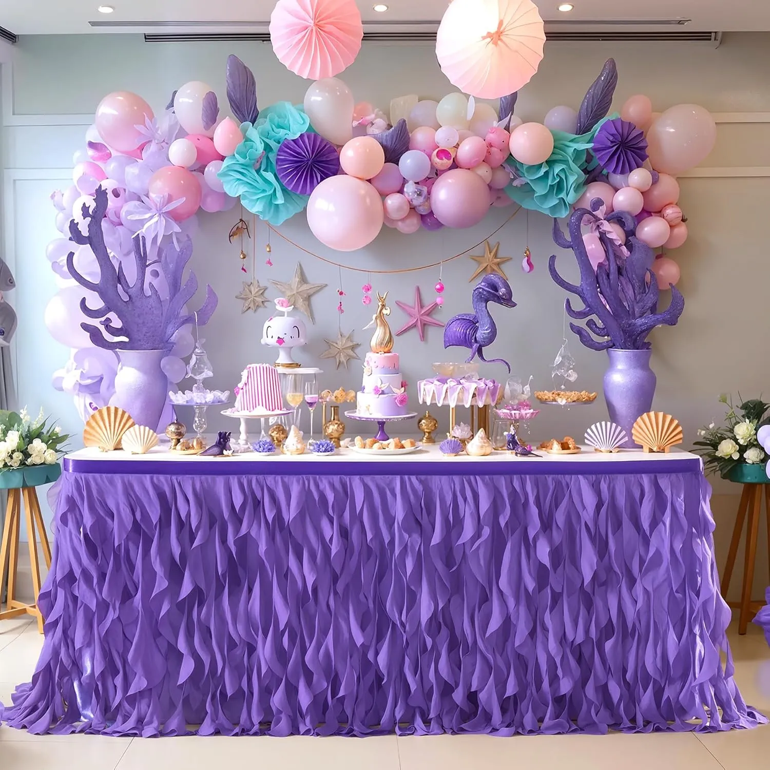 PARTISKY Mermaid Purple Tulle Curly Willow Table Skirt for Rectangle Table 9ft, Ruffle Tutu Table Cloth for Girls Boys Baby Shower,Mermaid Birthday Party