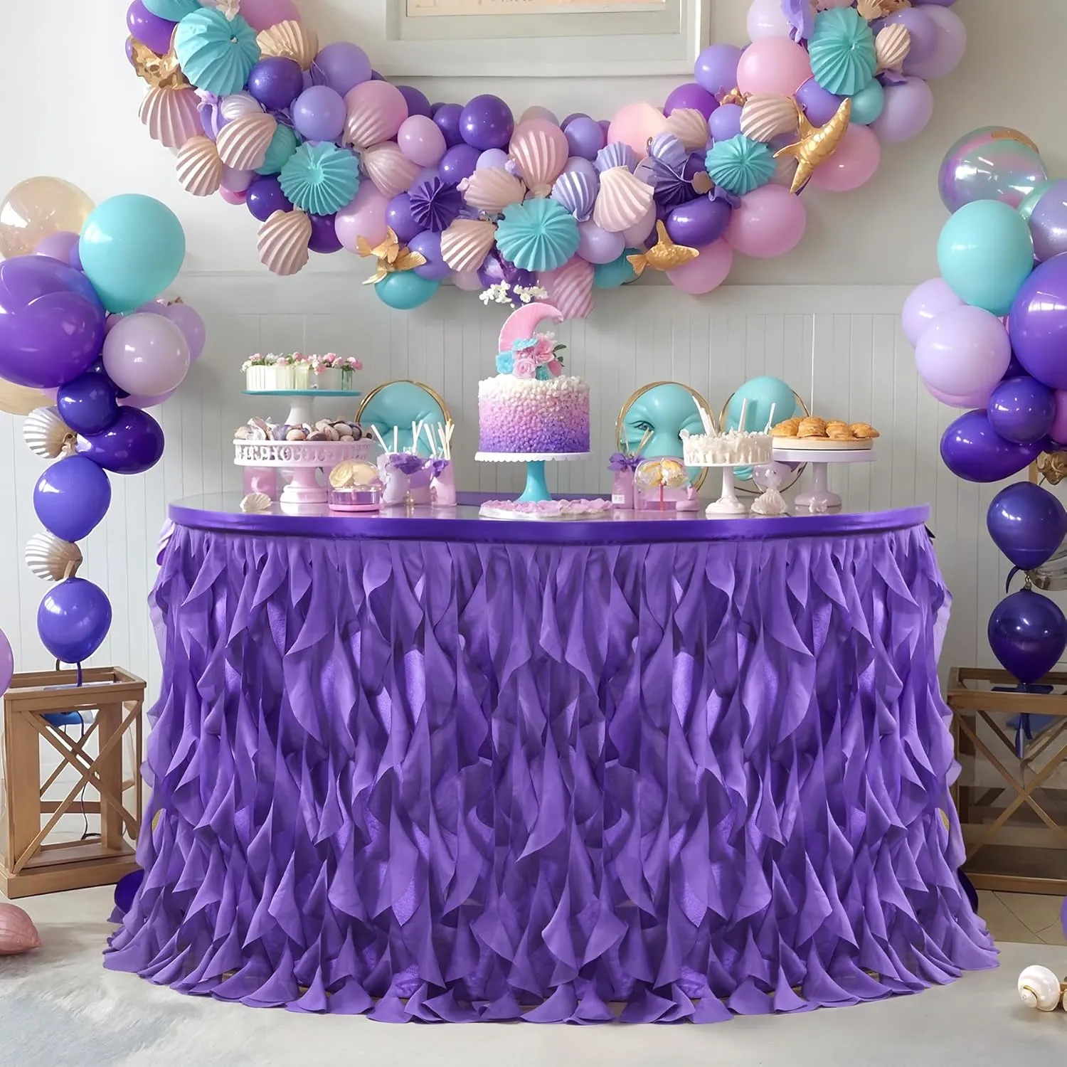 PARTISKY Mermaid Purple Tulle Curly Willow Table Skirt for Rectangle Table 9ft, Ruffle Tutu Table Cloth for Girls Boys Baby Shower,Mermaid Birthday Party
