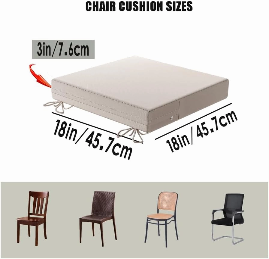 Patio Chair Cushions18x18 inch,Outdoor Chair Cushions Set of 2,Waterproof Square Cushion 3" Thick with Ties Invisible Zipper, for Garden Patio Lawn Furniture(Beige)