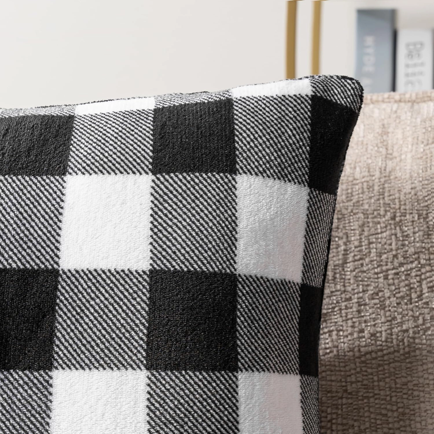 PAVILIA Checker Plaid Throw Pillow Covers 20x20 Set of 2, Decorative Pillow Cases Bed Sofa Couch, Boho Aesthetic Accent Decor Cushion Bedroom Living Room, Velvet Square Euro Sham Covers, Black White