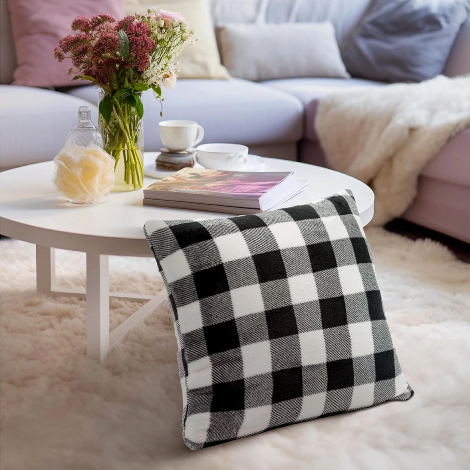 PAVILIA Checker Plaid Throw Pillow Covers 20x20 Set of 2, Decorative Pillow Cases Bed Sofa Couch, Boho Aesthetic Accent Decor Cushion Bedroom Living Room, Velvet Square Euro Sham Covers, Black White